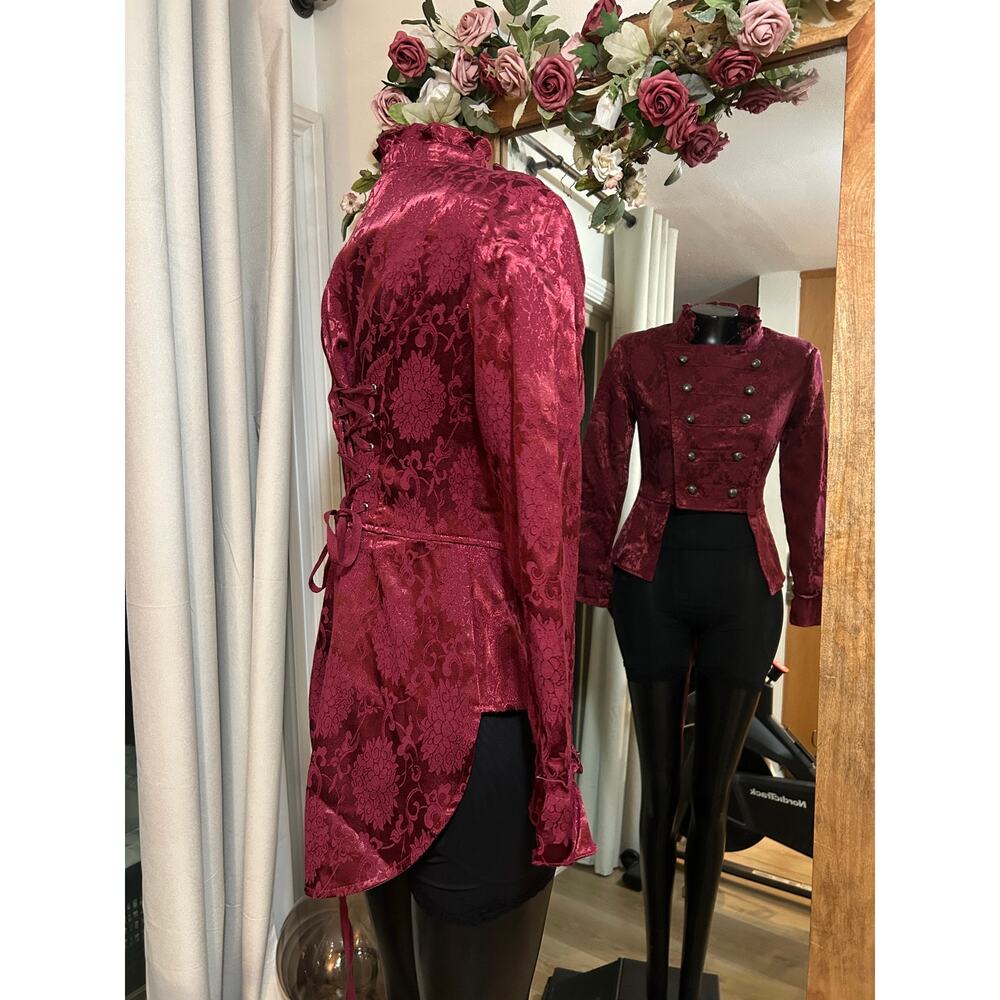 NWT Orchid Bloom Red Brocade Victorian Tailed Jacket Steampunk Sz 10 MSRP $110